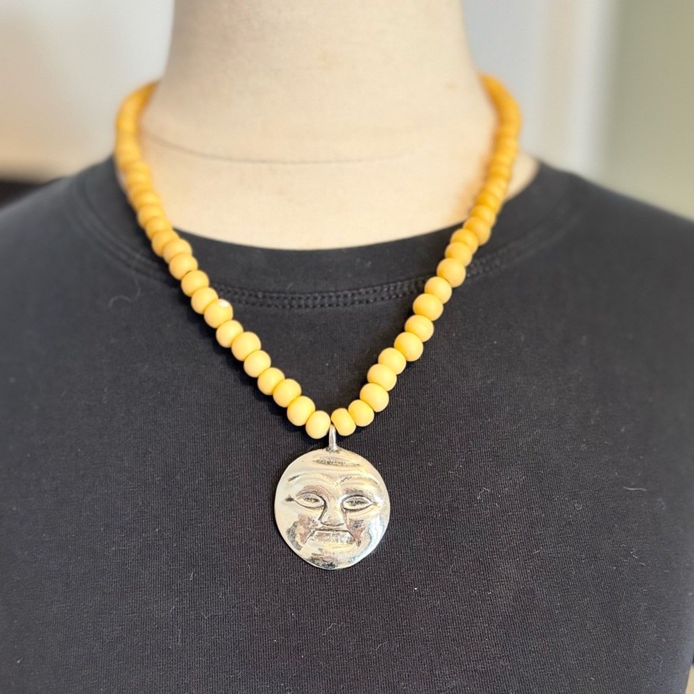 Yellow Jasper beaded necklace with silver face